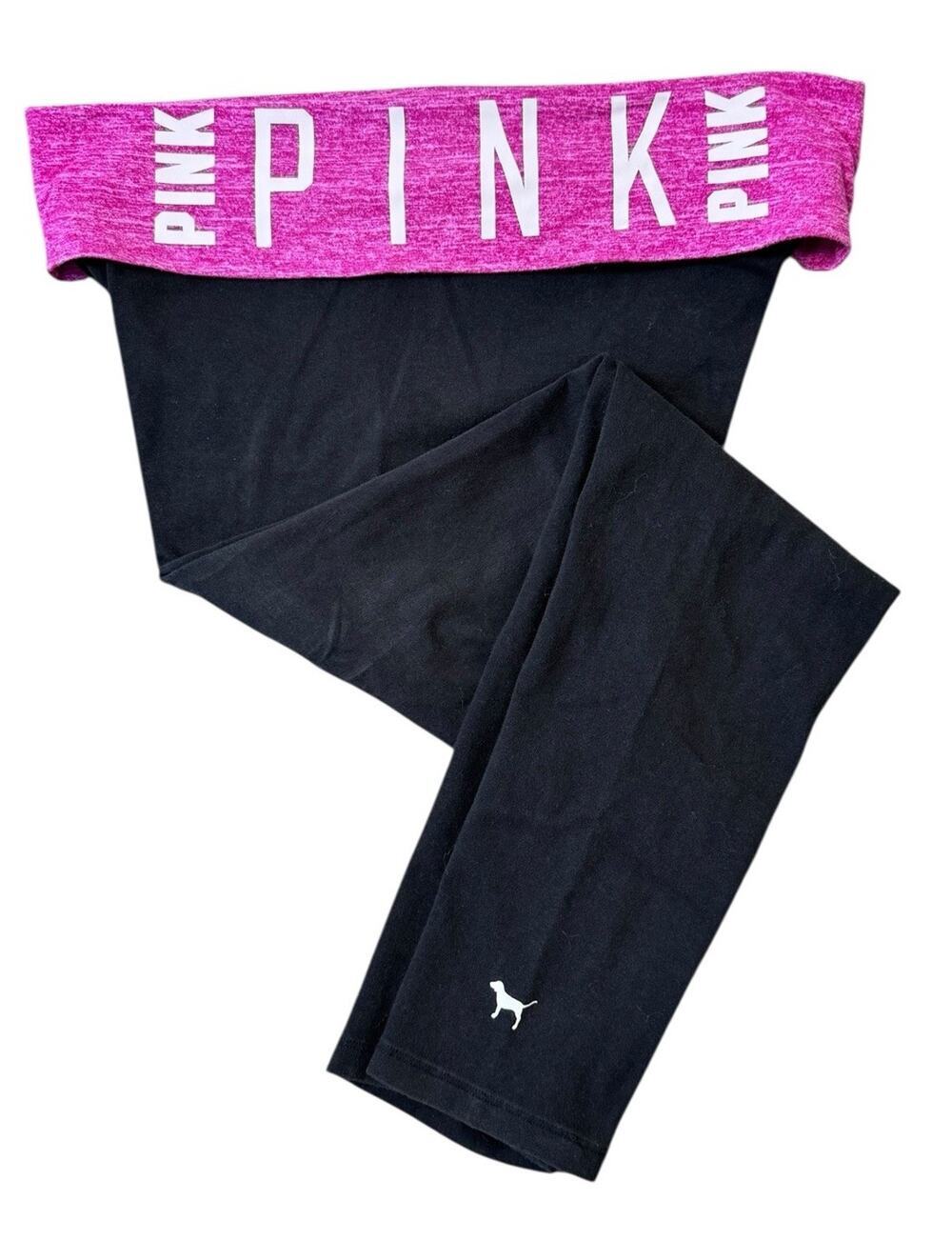 Y2K Vintage Victoria’s Secret PINK Black Fold Over Yoga Leggings Dog Logo Size L